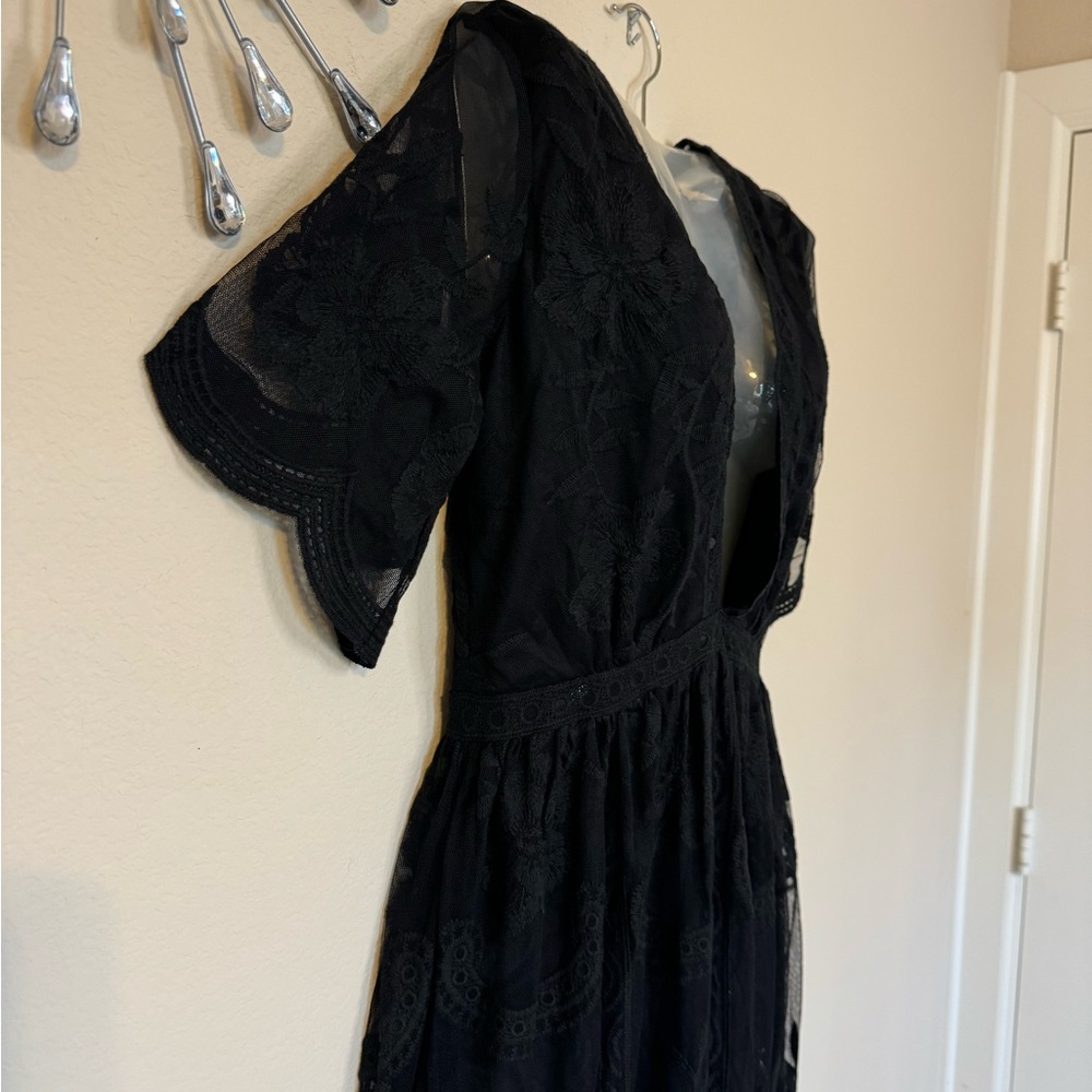 Lace Plunging V Neck Sheer Beautiful Maxi Dress Black Small - Picture 5 of 15